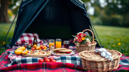 International Picnic Day, Jun 18, Different Foods with Drinks Near Tent Against Lake and Mountains, Generative Ai