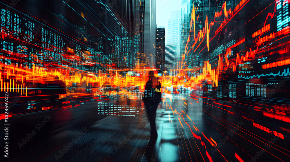 Poster digital indicators and declining graphs of a market crash superimpose over a contemporary scene. con