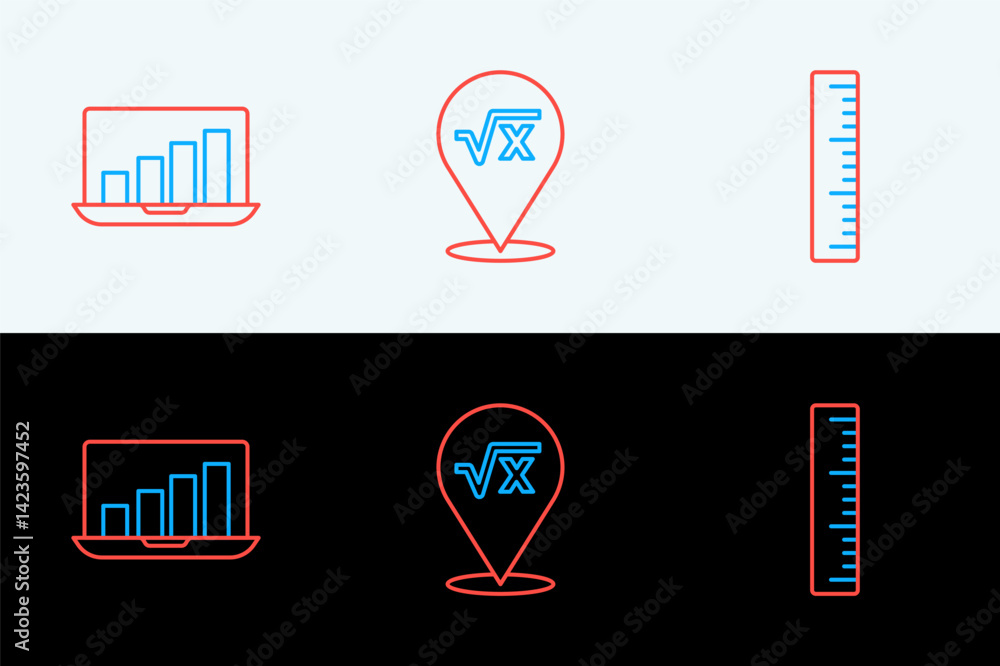 Poster set line ruler, laptop with graph chart and square root of x glyph icon. vector