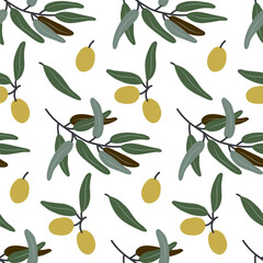 Seamless pattern of hand-drawn olive branches with green leaves and ripe yellow olives - ideal for food packaging, fabric, kitchen decor, organic branding, and Mediterranean product design.