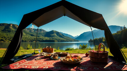 International Picnic Day, Jun 18, Different Foods with Drinks Near Tent Against Lake and Mountains, Generative Ai