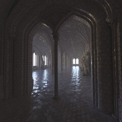 3D rendered mystical interior temple with gigantic statues 