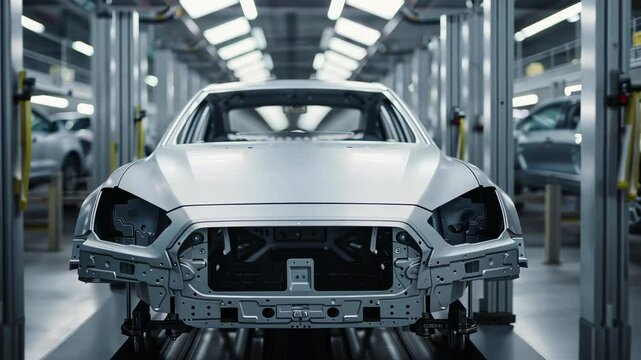 A chassis of a car on an automated assembly line, positioned in the center. The automotive factory setting includes beams and additional cars in the background. 