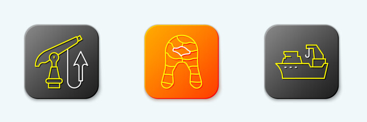 Set line Fishing harpoon, steak and boat icon. Vector
