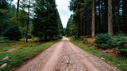Obraz premium Serene Dirt Road Surrounded by Lush Trees in a Peaceful Forest Landscape with Cloudy Sky