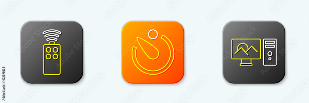 Poster set line remote control for camera, camera timer and photo retouching icon. vector