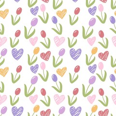 Seamless pattern with hand-drawn tulips and hearts in pastel colors. Cute floral spring design for kids, textiles, wrapping paper, or Valentine's Day decoration. Isolated on white background.