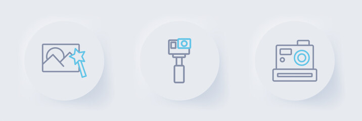 Set line Photo camera, Action and retouching icon. Vector