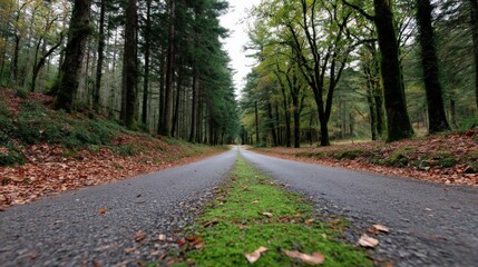 Serene forest road surrounded by tall trees and colorful foliage in autumn season, peaceful nature landscape