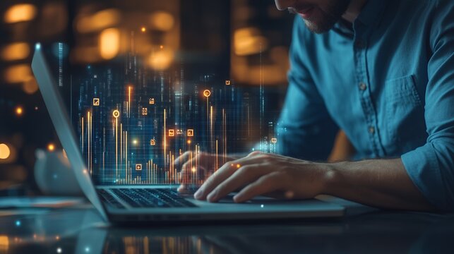 Man Typing on Laptop with Data Visualization Overlay for Technology Concept