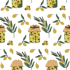 Seamless pattern with hand-drawn jars of pickled olives, olive branches, and fruits - rustic Mediterranean food motif for kitchen decor, fabric prints, packaging, and culinary design projects.