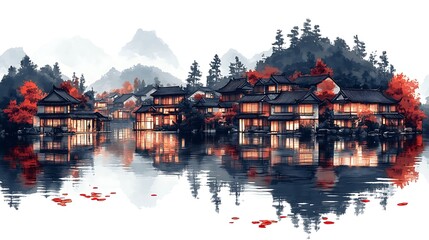 Obraz premium Tranquil Chinese water town at dawn high resolution image