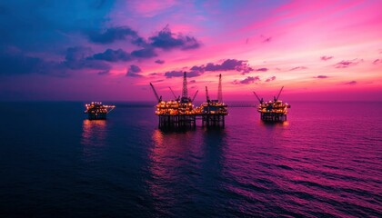 Obraz premium Offshore oil rigs at sunset