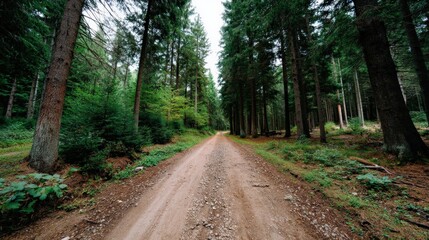 Scenic Forest Road Surrounded by Lush Green Trees and Vibrant Nature in a Peaceful Landscape Scene