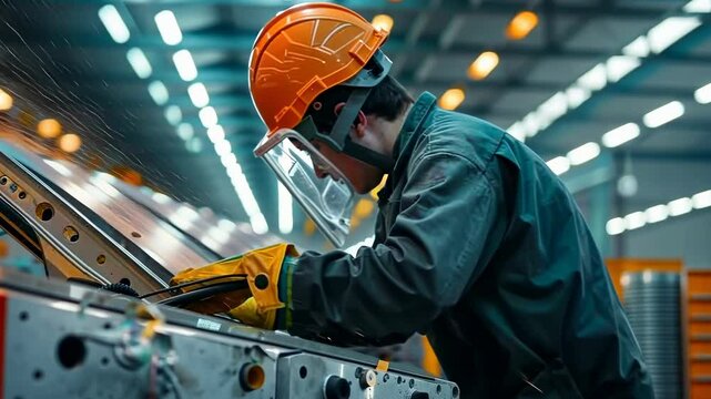 A factory worker meticulously inspects equipment, adorned with safety gear, including hard hat and face shield. Set in modern industrial environment, emphasizing precision, quality control, and safety