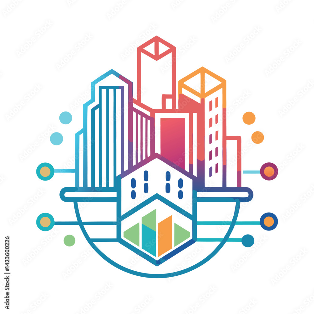 Poster minimalist logo design representing a smart cities platform with abstract buildings and interconnect