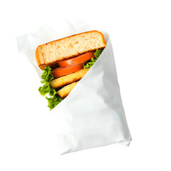 A fresh sandwich in a white paper bag isolated on a white background
