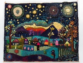 Embroidery Art of Fantasy Village at Night with Stars and Mountains