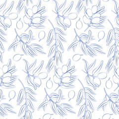 Seamless pattern of hand-drawn olive branches and fruits in blue line art style, botanical Mediterranean background for packaging, textiles, wrapping paper, wallpapers, and organic branding