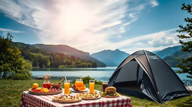 International Picnic Day, Jun 18, Different Foods with Drinks Near Tent Against Lake and Mountains, Generative Ai - Powered by Adobe