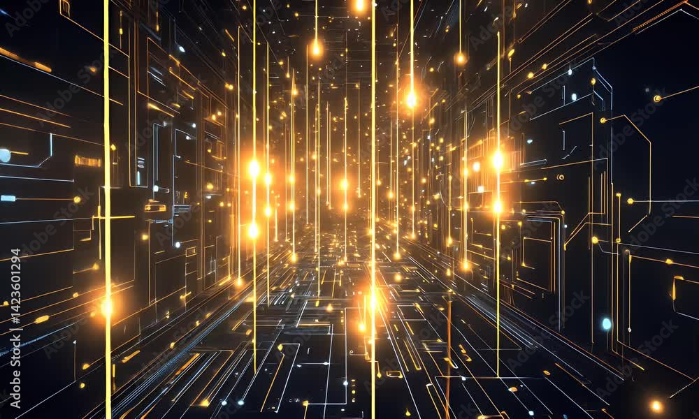 Aufkleber abstract digital circuit pathway with glowing golden threads