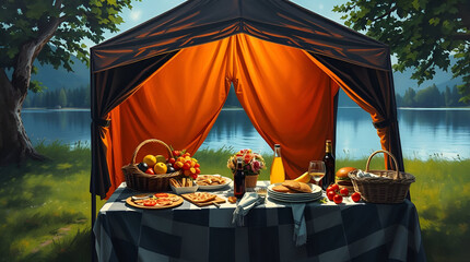 International Picnic Day, Jun 18, Different Foods with Drinks Near Tent Against Lake and Mountains, Generative Ai