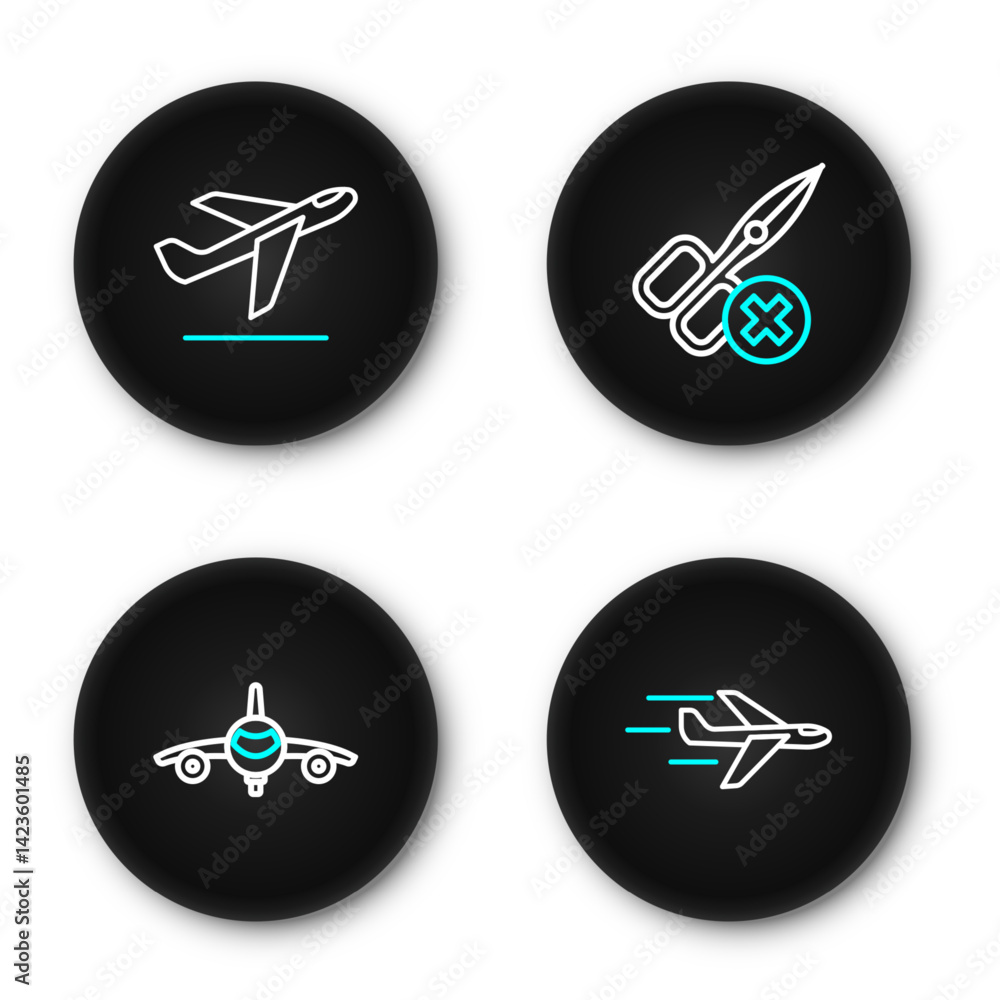 Poster set line plane, no scissors and takeoff icon. vector