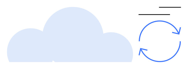 Large cloud silhouette with blue circular arrows representing synchronization. Black horizontal lines indicate data transfer. Ideal for cloud backup, data synchronization, internet technology, file