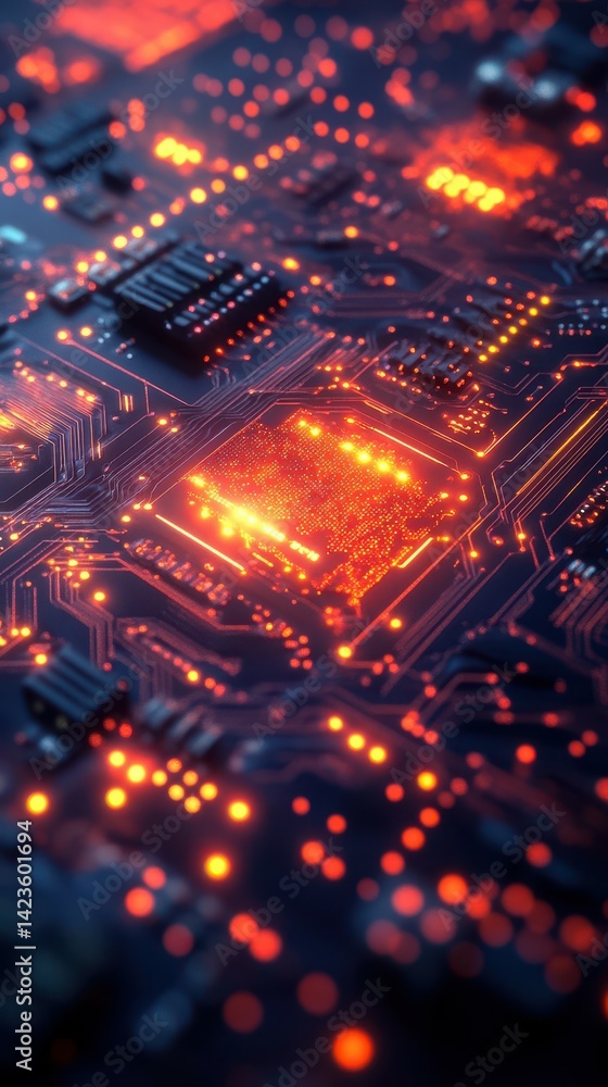 Poster close-up view of a glowing circuit board with intricate patterns and vibrant colors