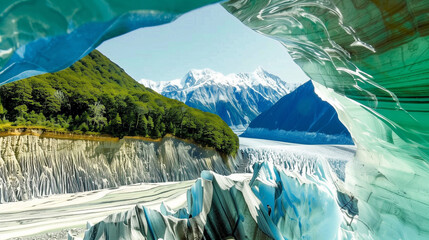 Stunning view from ice cave overlooking glacier and mountains in the background