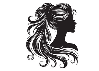 woman hairstyle logo silhouette vector illustration, hair salon logo icon vector silhouette, beauty long hair woman logo silhouette, beauty woman long hair silhouette on white background