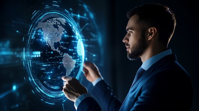 Man Interacting with Digital World Map Global Technology Interface Concept