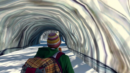 Explorer walking through icy tunnel with colorful backpack and winter attire