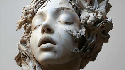 Serene slumber, a fragmented visage of ethereal beauty sculpted in pale stone with soft light highlighting the intricate details.