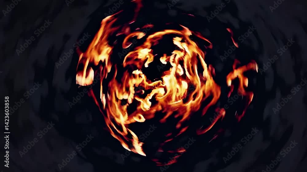 Poster dynamic top-down video view of swirling flames creating a hypnotic, abstract pattern against a dark 