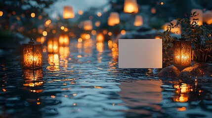 Floating card amidst glowing krathongs on a tranquil river at night