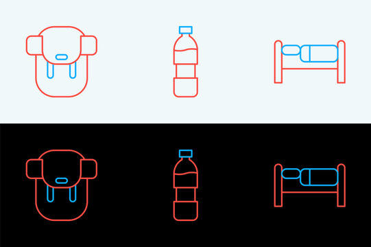 Set line Bed, Hiking backpack and Bottle of water icon. Vector