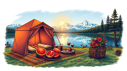 International Picnic Day, Jun 18, Different Foods with Drinks Near Tent Against Lake and Mountains, Generative Ai