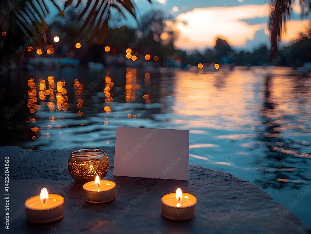 Poster serene riverside scene with floating krathong and candlelight reflections