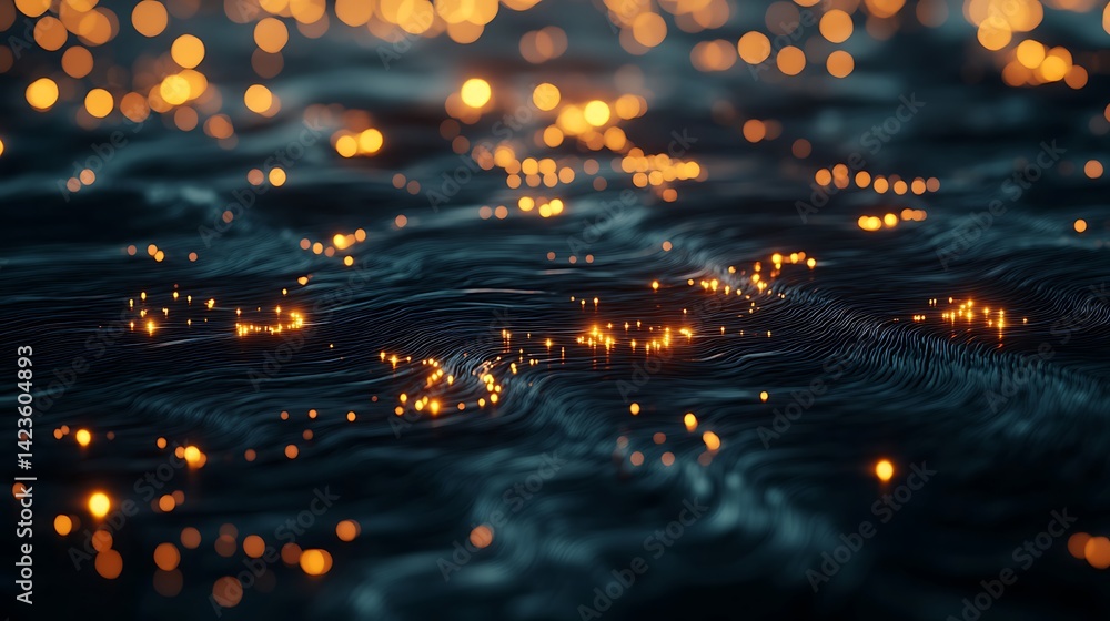 Fototapete glowing particles on dark water surface create dreamy abstract design