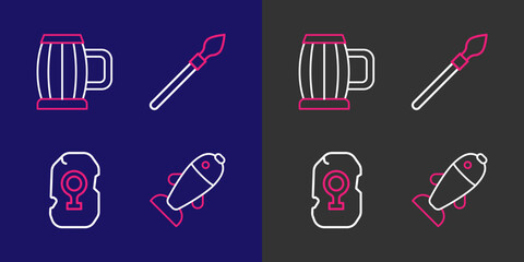 Set line Fish, Magic rune, Medieval spear and Wooden beer mug icon. Vector