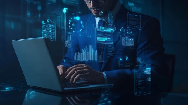 Businessman Using Laptop with Data Visualization Overlay for Business Insights