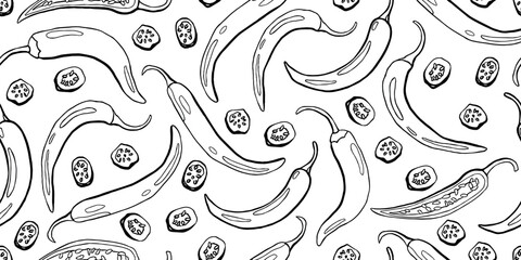 Fototapeta premium Chili Pepper Seamless Pattern in Line Style