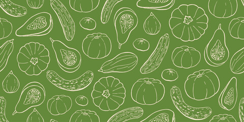 Pumpkin, Squash, Zucchini Seamless Pattern on Green Background