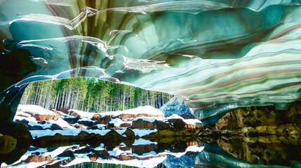 Underneath ice cave with shimmering blue hues and reflection in clear water
