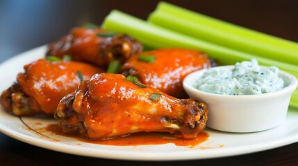sticks A plate of buffalo wings with blue cheese dressing and celery