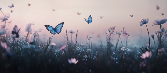 Magical sunrise, blue butterflies flutter over misty field of wildflowers.