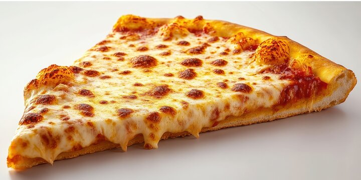Delicious slice of classic cheese pizza with gooey melted cheese and crispy crust served on a plain white background