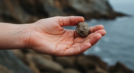 Closeup Of A Hand Holding A Small Gray And Brown Stone Near A Rocky Ocean Coast