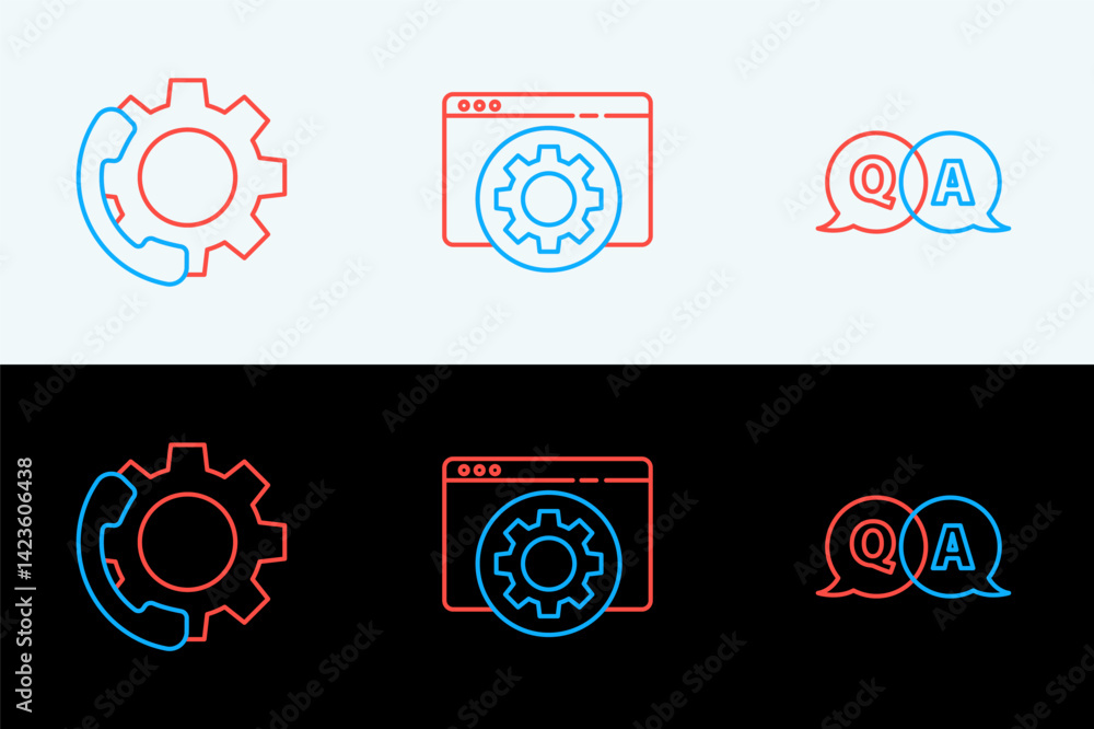 Poster set line question and answer, telephone 24 hours support and browser setting icon. vector